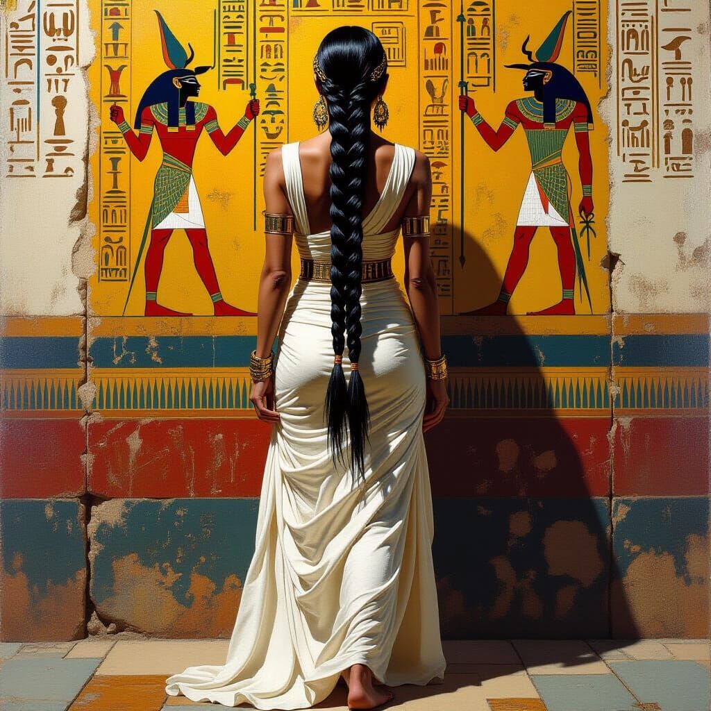Woman in Kalasiris Before Hieroglyphic Wall