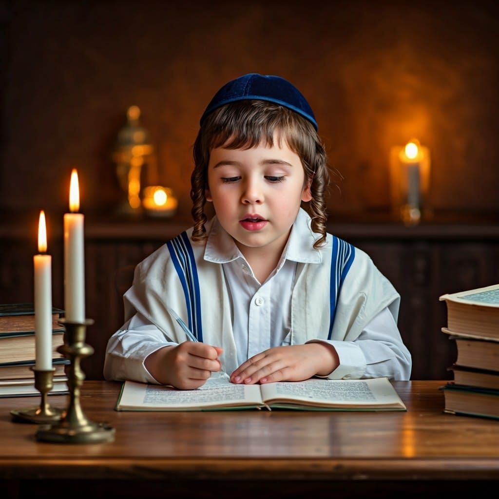 Boy Studies Jewish Text in Chagall-Rembrandt Style