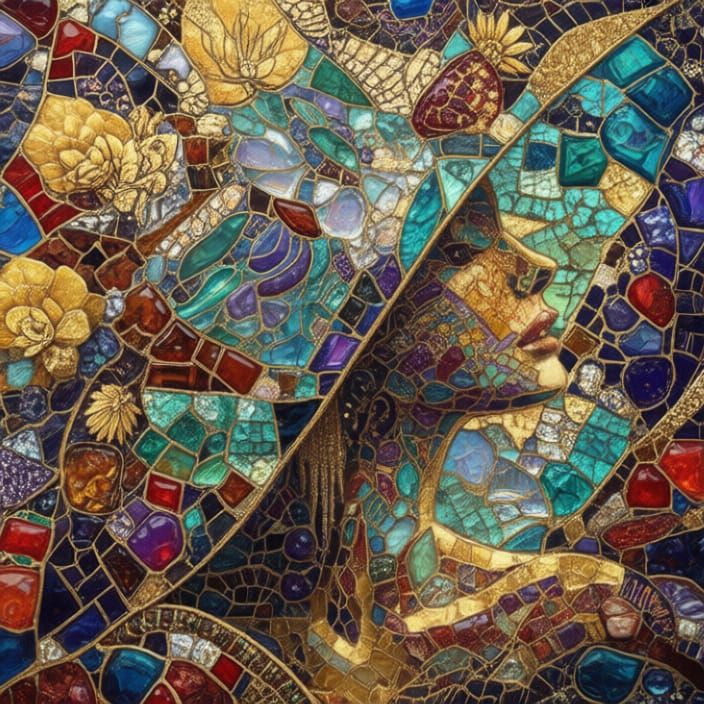 Art Nouveau Woman Face Mosaic with Lush Jungle Island