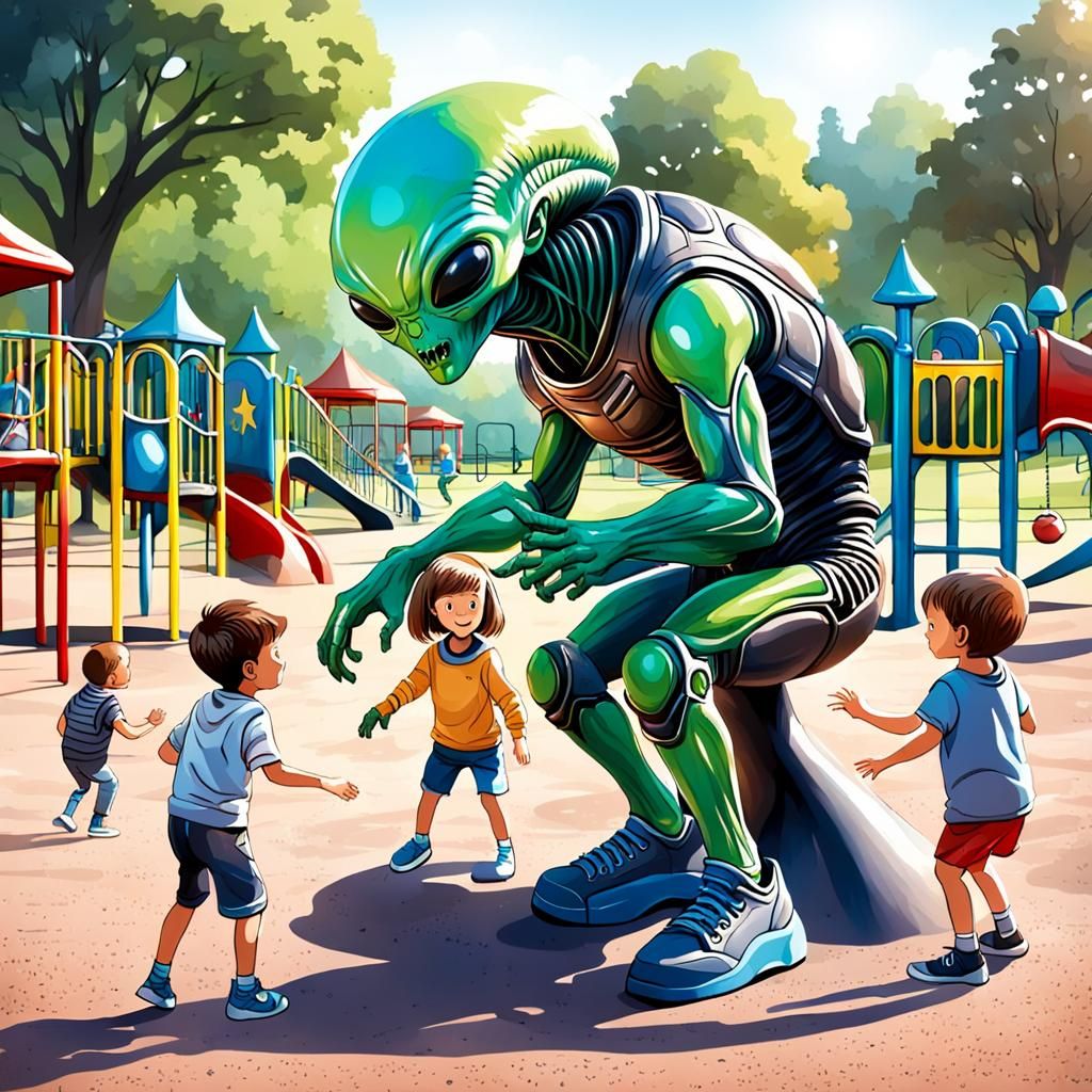 Alien and Human Children Playing at a Playground