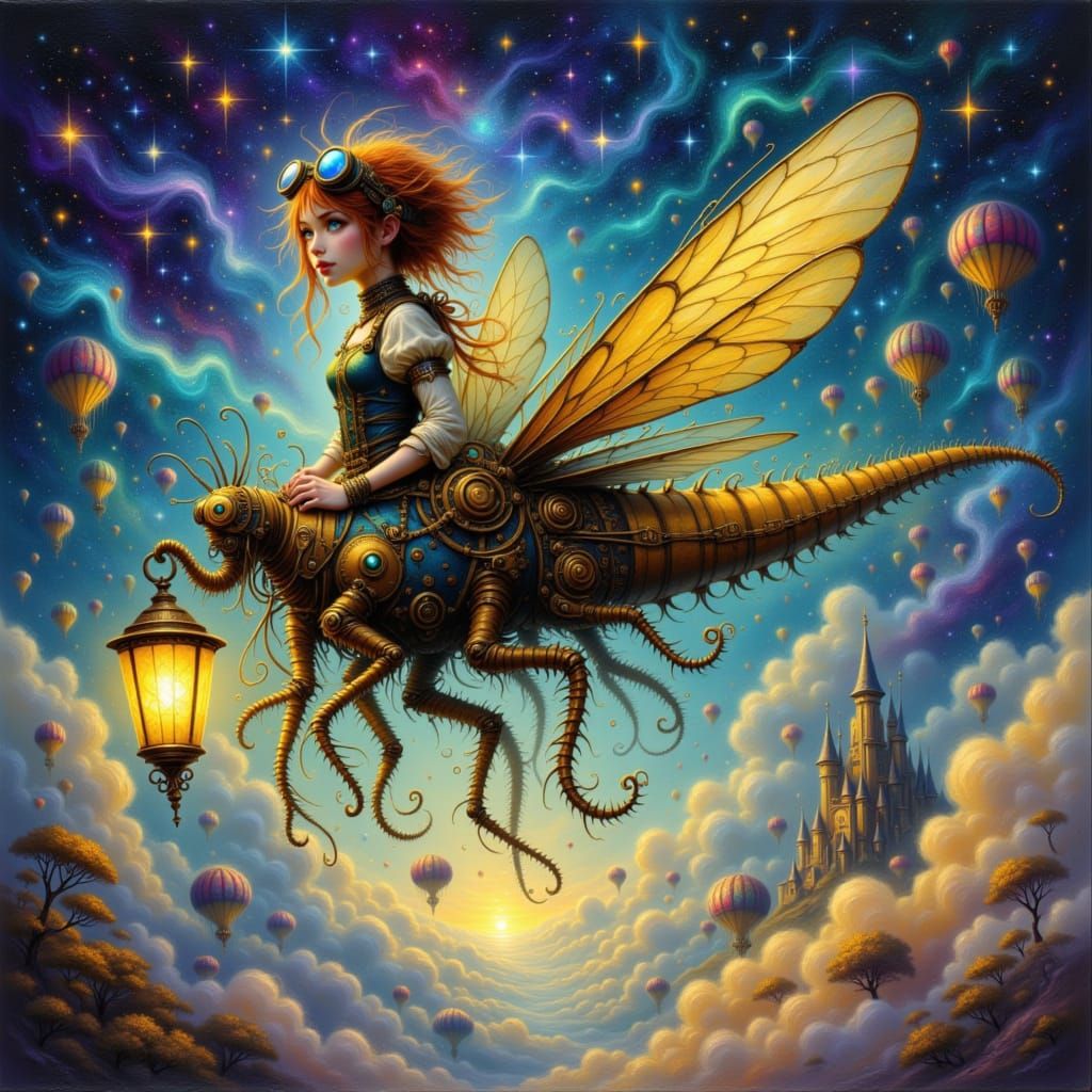 Steampunk Girl Pilots Dragonfly Through Starry Cosmos