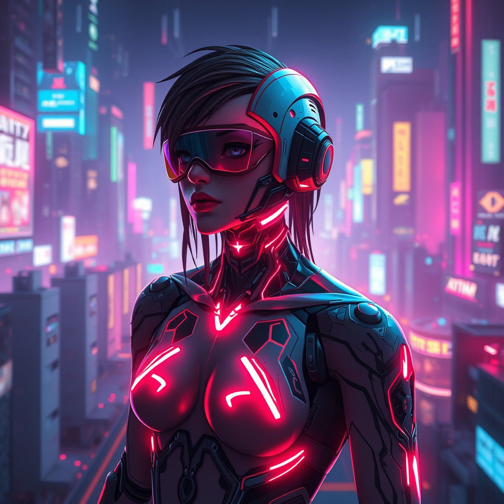 Futuristic Avatar in Neon Cityscape, Cyberpunk Style