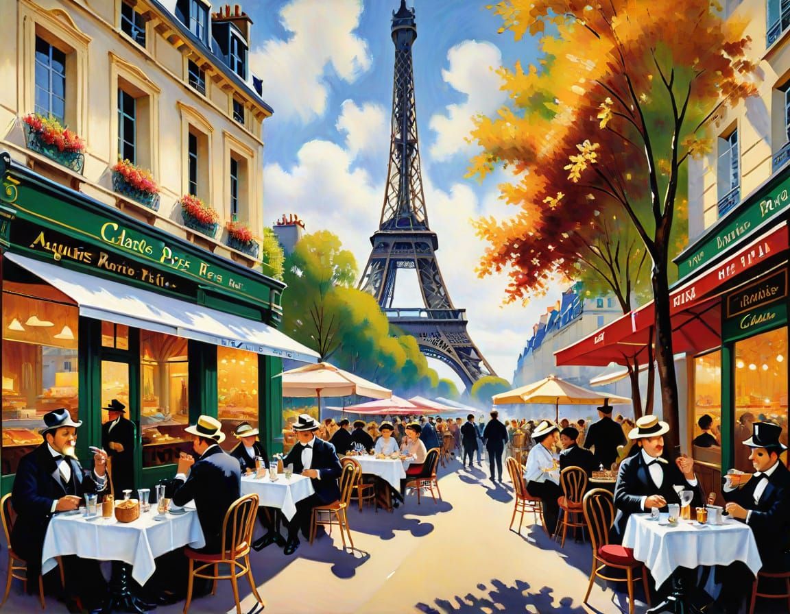 Impressionistic Parisian Cafe Scene with Eiffel Tower