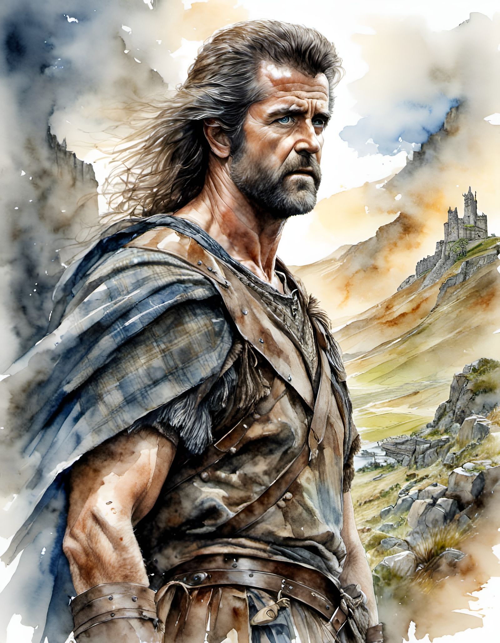 Mel Gibson as William Wallace in Watercolor Style