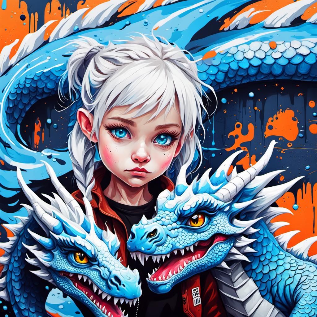 Cute Baby Girl with Dragon in Graffiti Art
