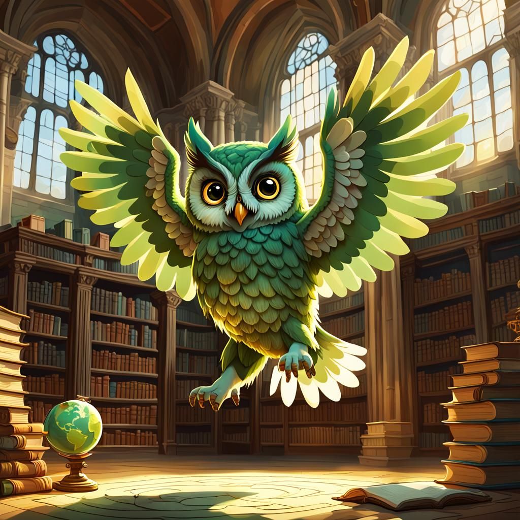 Cheerful Green Owl in Ancient Library
