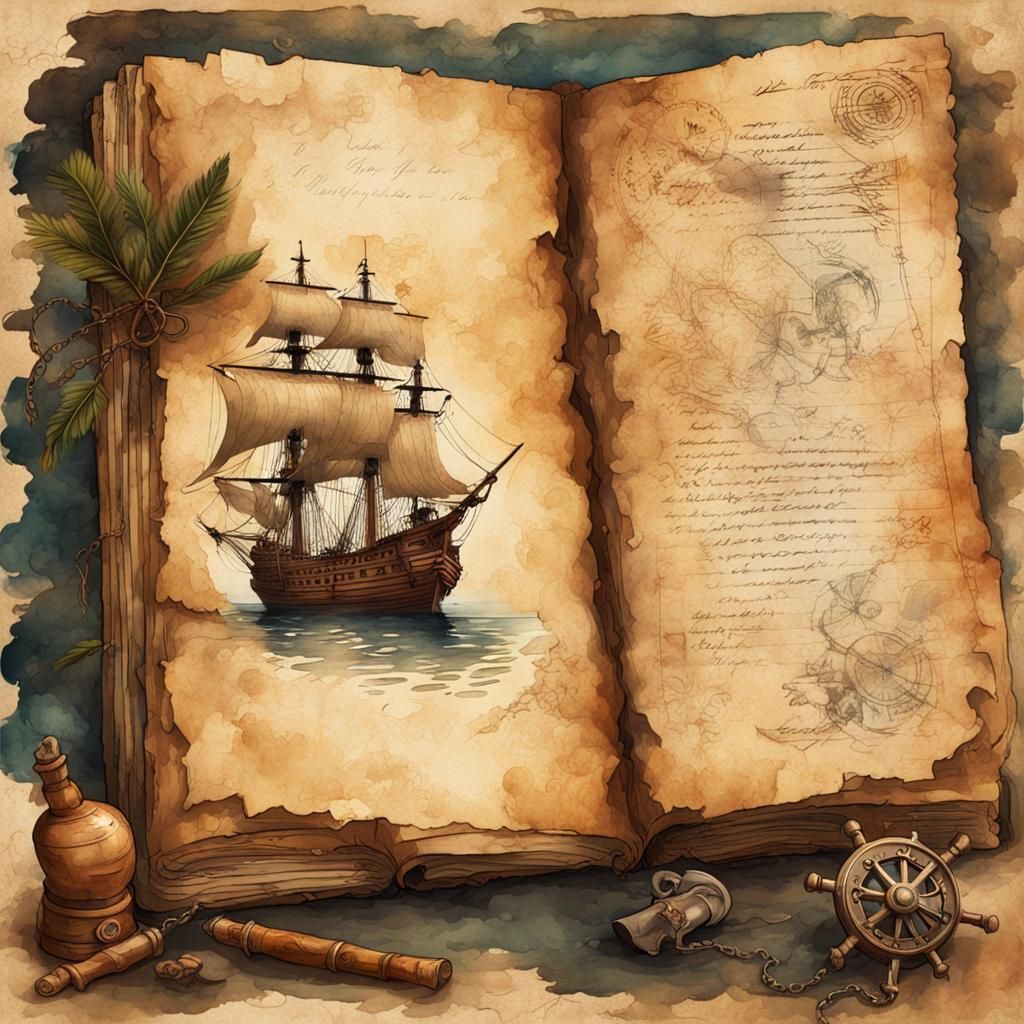 Pirate Treasure Map on Journal Page in Watercolor