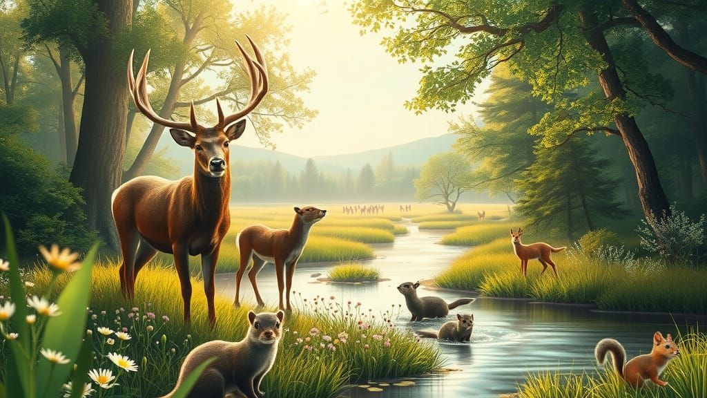 Serenely Illustrated Wildlife Gathering in Sunlit Meadow