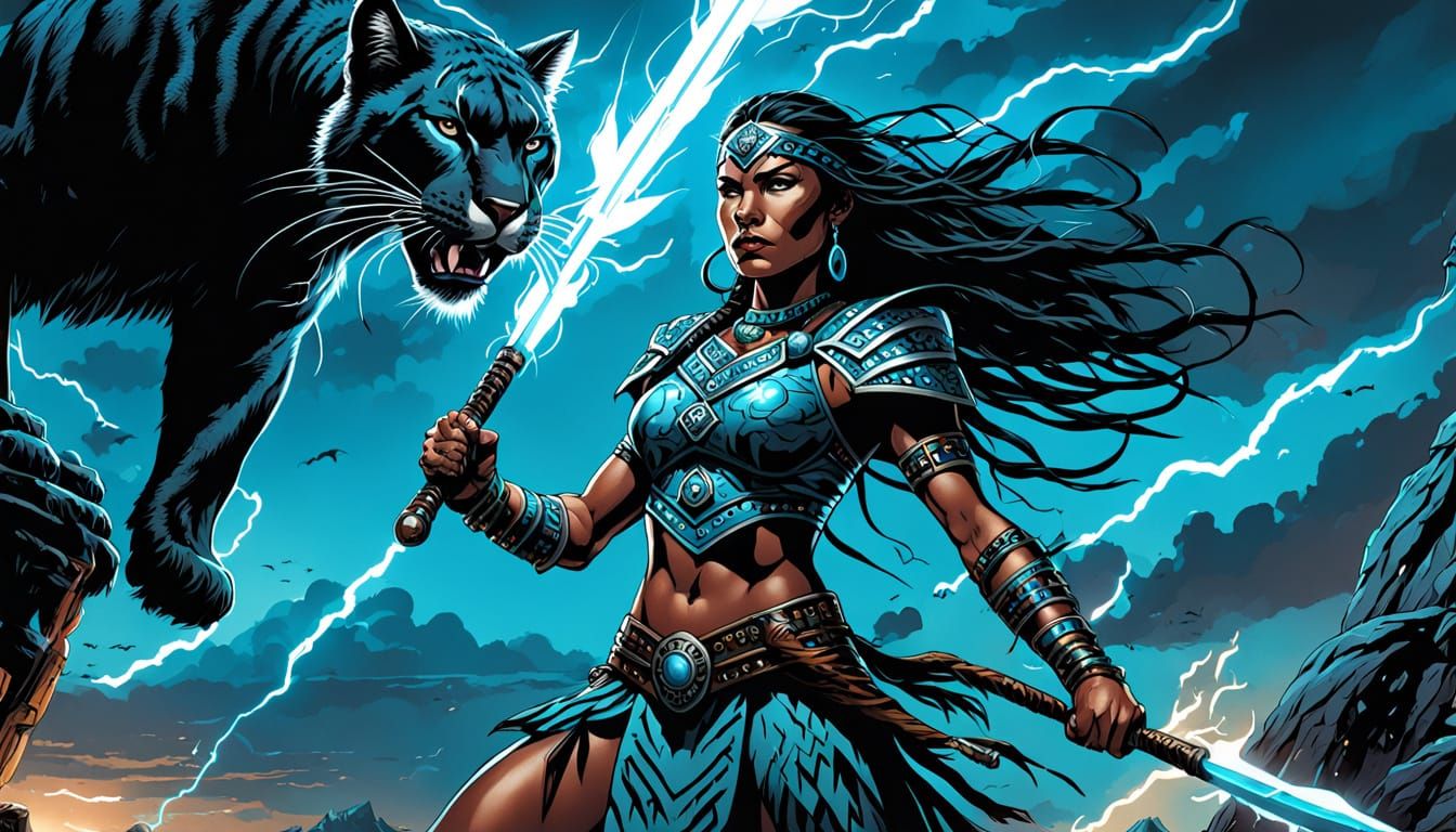 Native American Warrior Woman with Puma, Comic Book Art