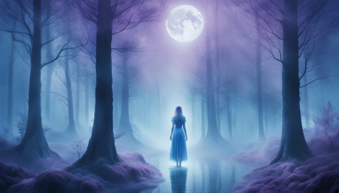 Ethereal Moonlit Figure in Forest: Surrealist Painting