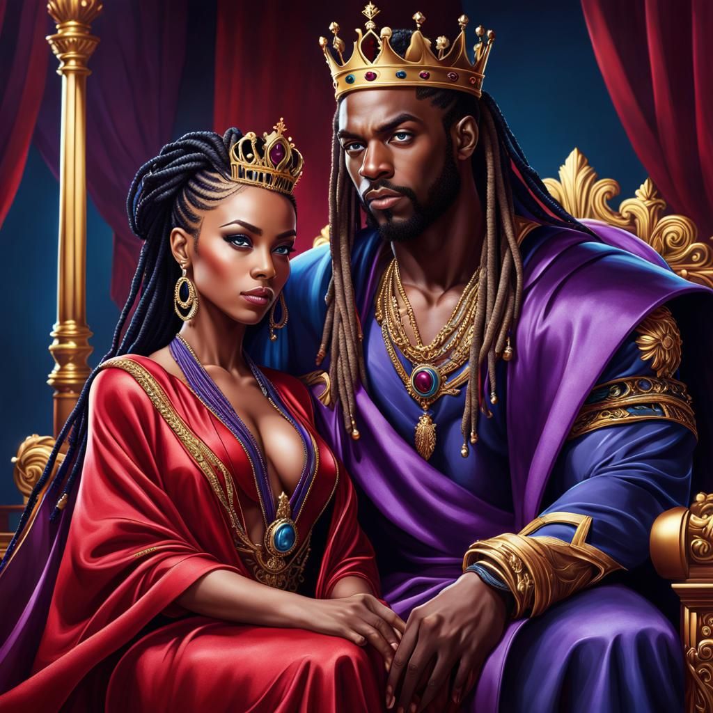 Black King and Queen on Thrones: Hyperrealistic Portrait
