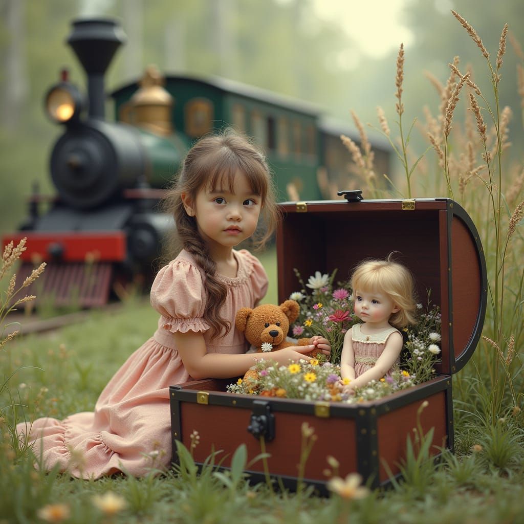 Nostalgic Scene of Girl with Steam Train and Dolls