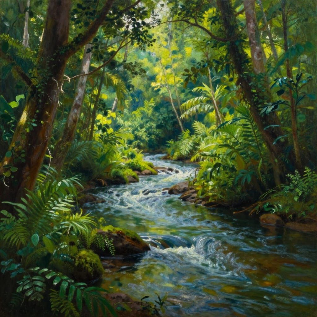 Verdant Rainforest River With Ethereal Sunlight