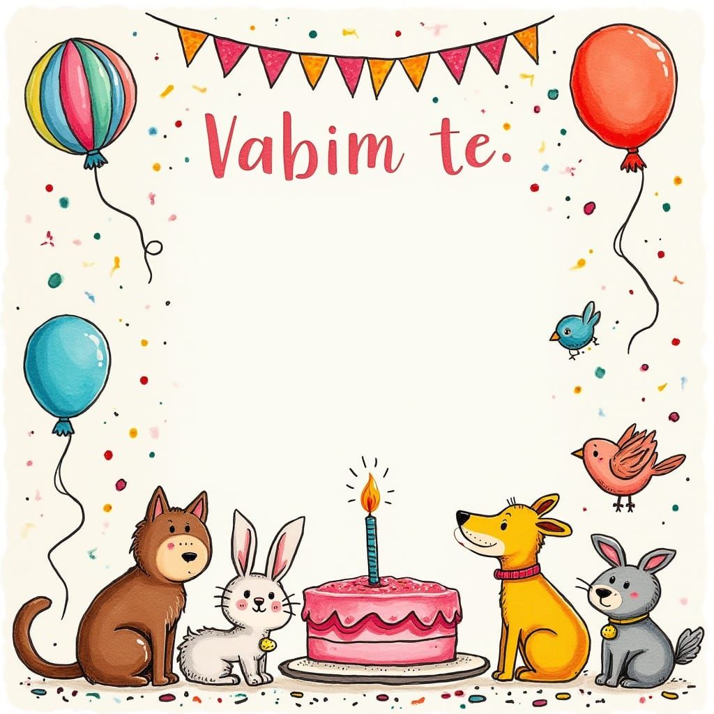 Hand-Crafted Birthday Invitation with Colorful Animal Drawin...