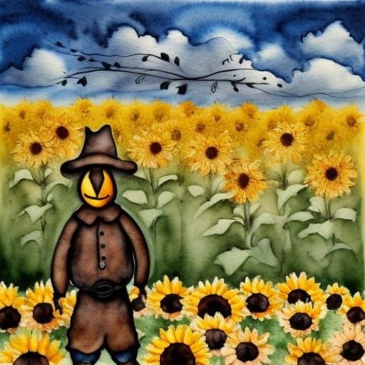 Scarecrow in Sunflower Field: Surreal Ink Wash Painting