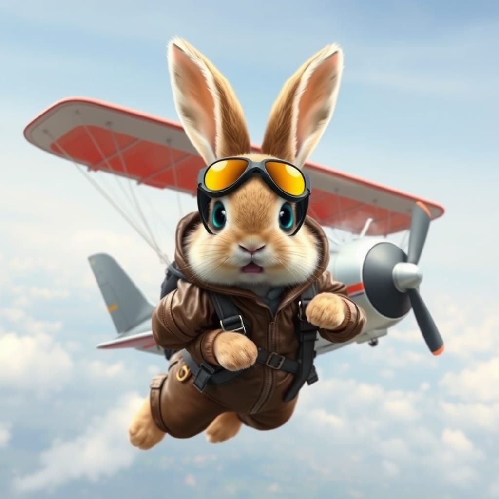 Cute Rabbit Aviator Flying Airplane with Parachute