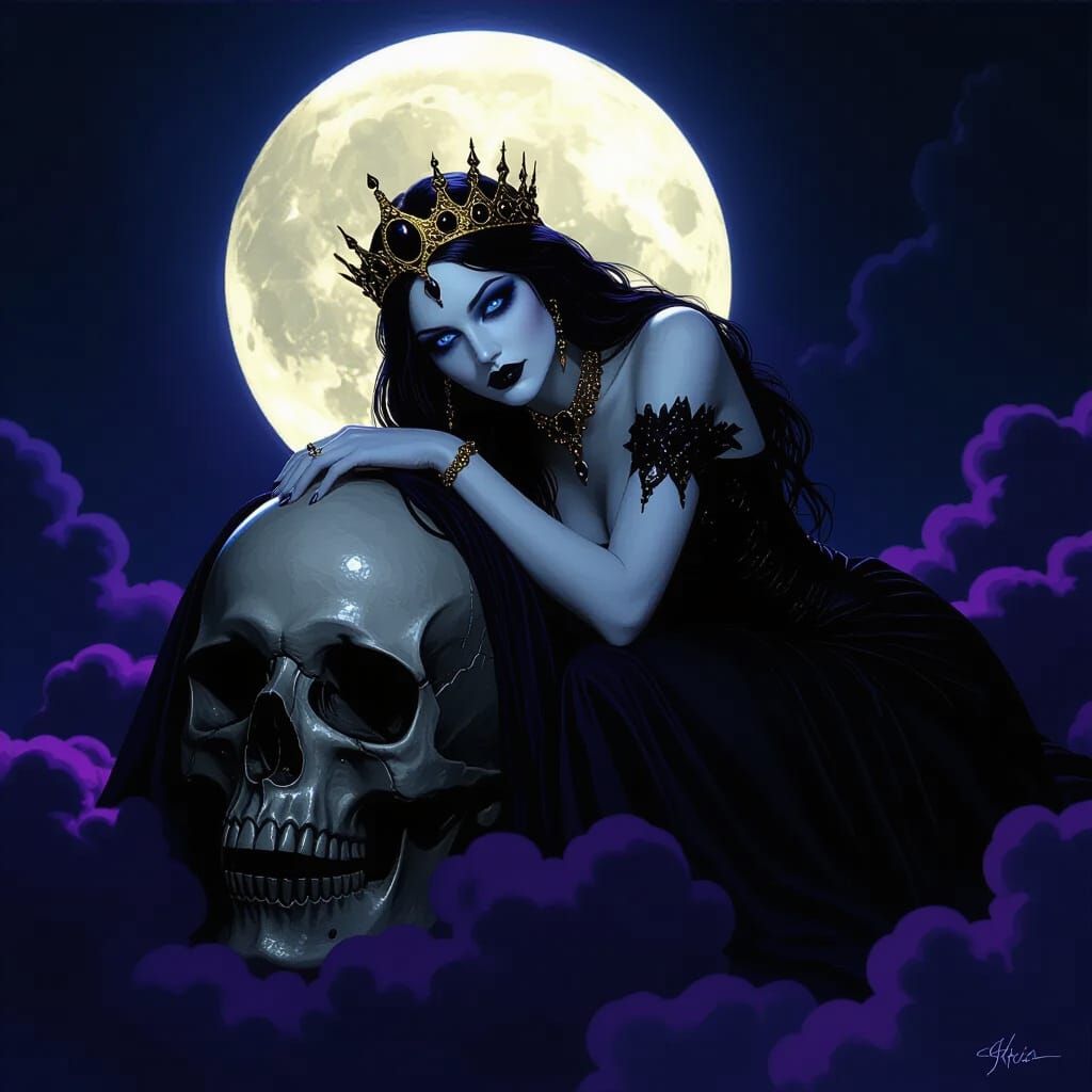Midnight Goddess on Skull Cloud in Dark Fantasy Style