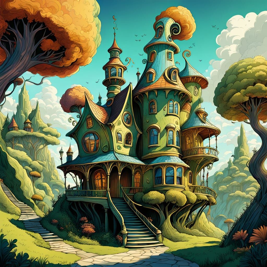 Dreamlike Whoville House with Winding Staircase and Curly Ro...