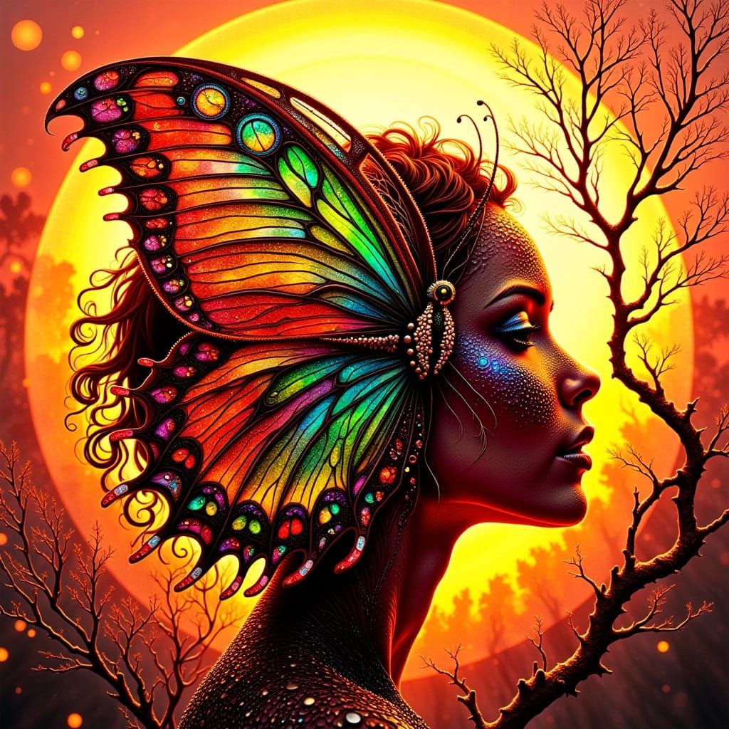 Intricate Butterfly Portrait in Distressed Glitch Art Style