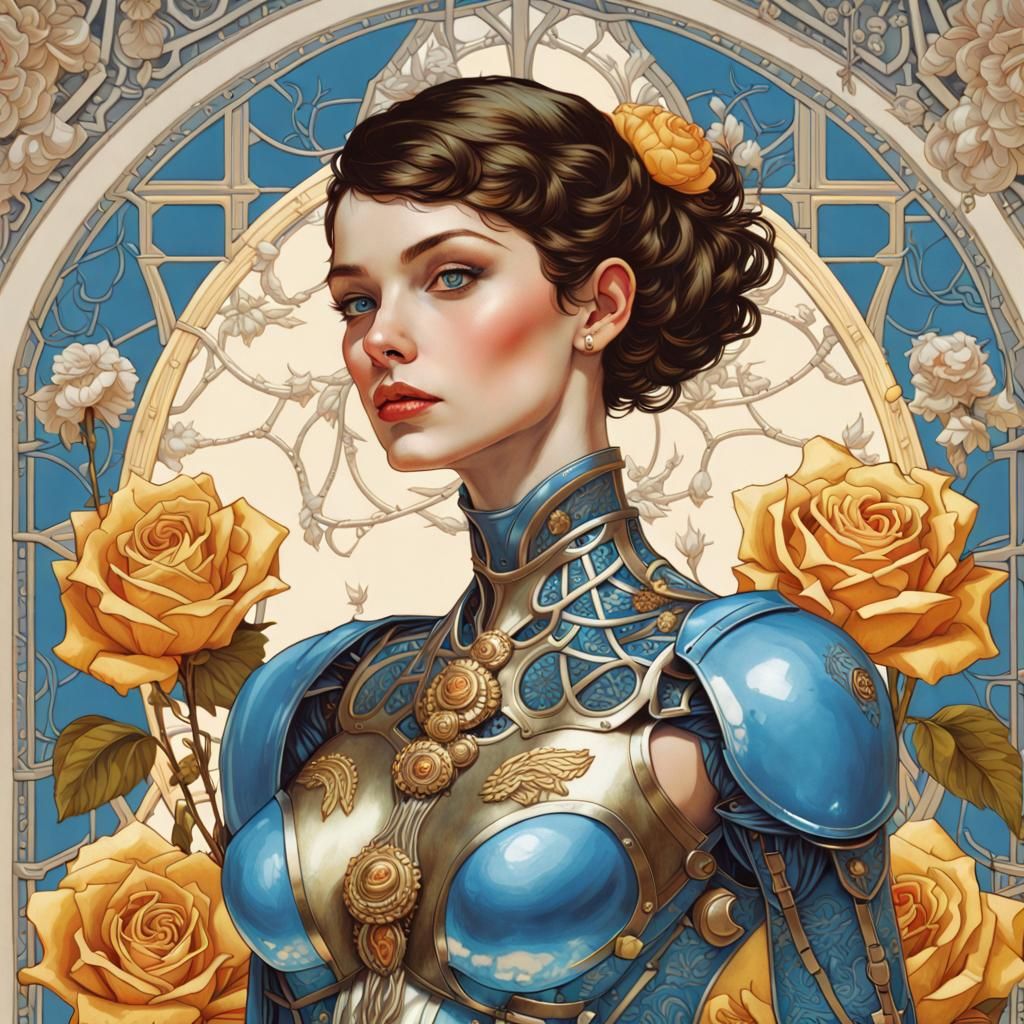 Brunette in Glass Armor with Golden Roses
