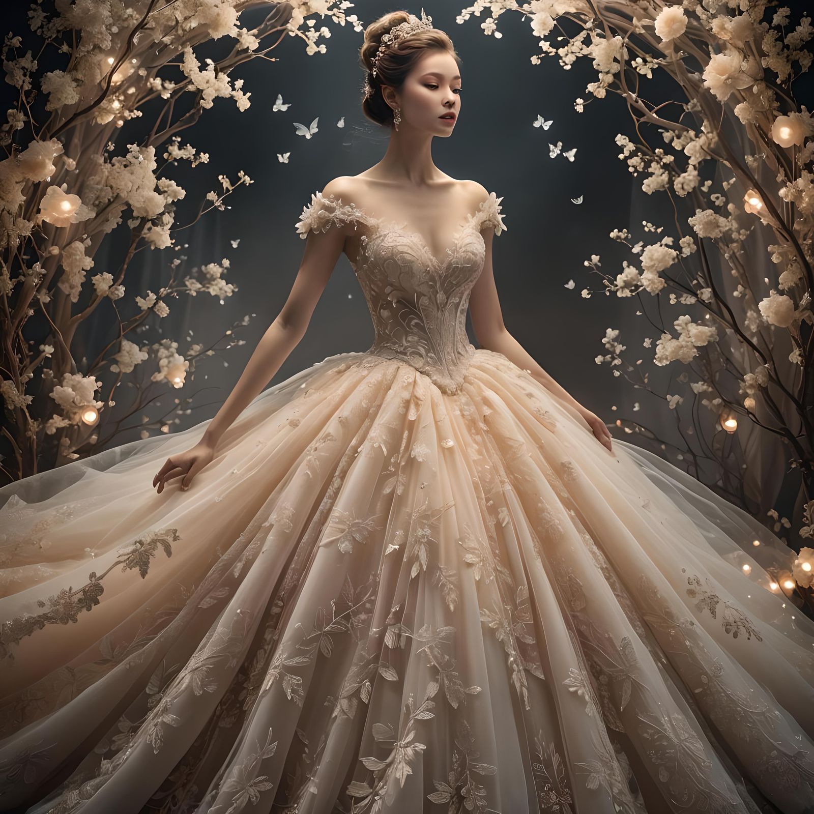 Bioluminescent Tulle and Lace Ballgown, Detailed and Volumin...