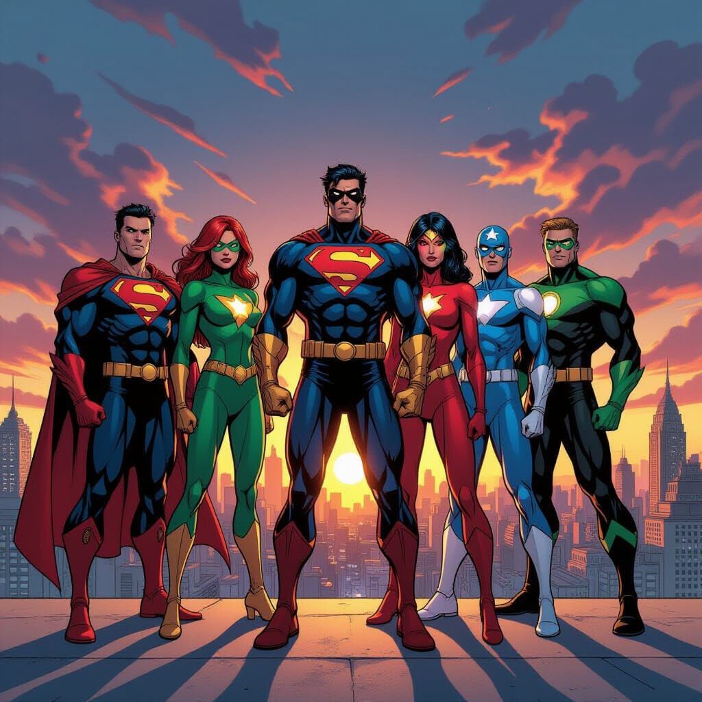 Diverse Superheroes Unite on Rooftop at Dawn