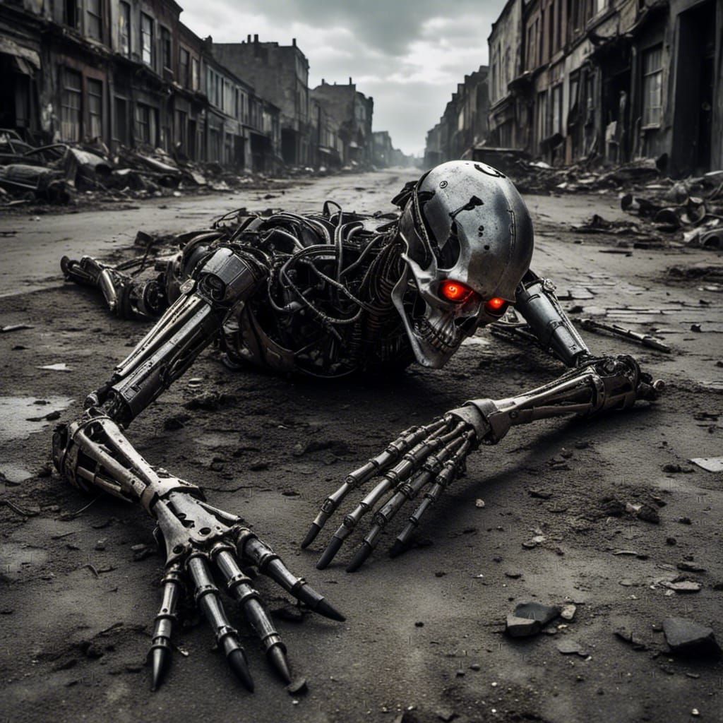Post-Apocalyptic Cyborg Death Scene in Gothic Style