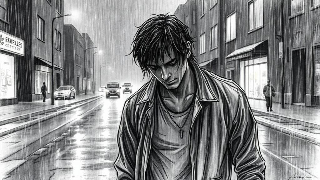Sad Man Walks in Heavy Rain: Pencil Sketch Art