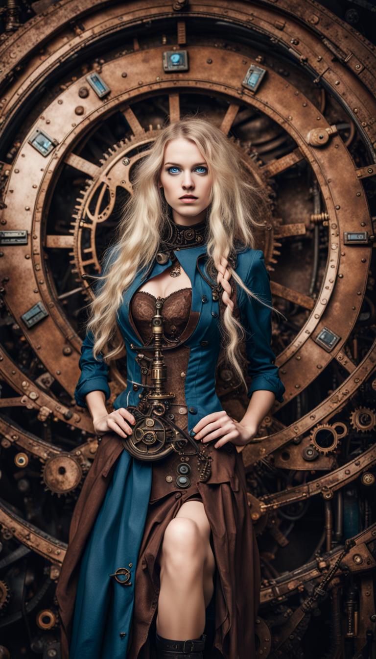 Enchanting Steampunk Girl on Cosmic Time Machine