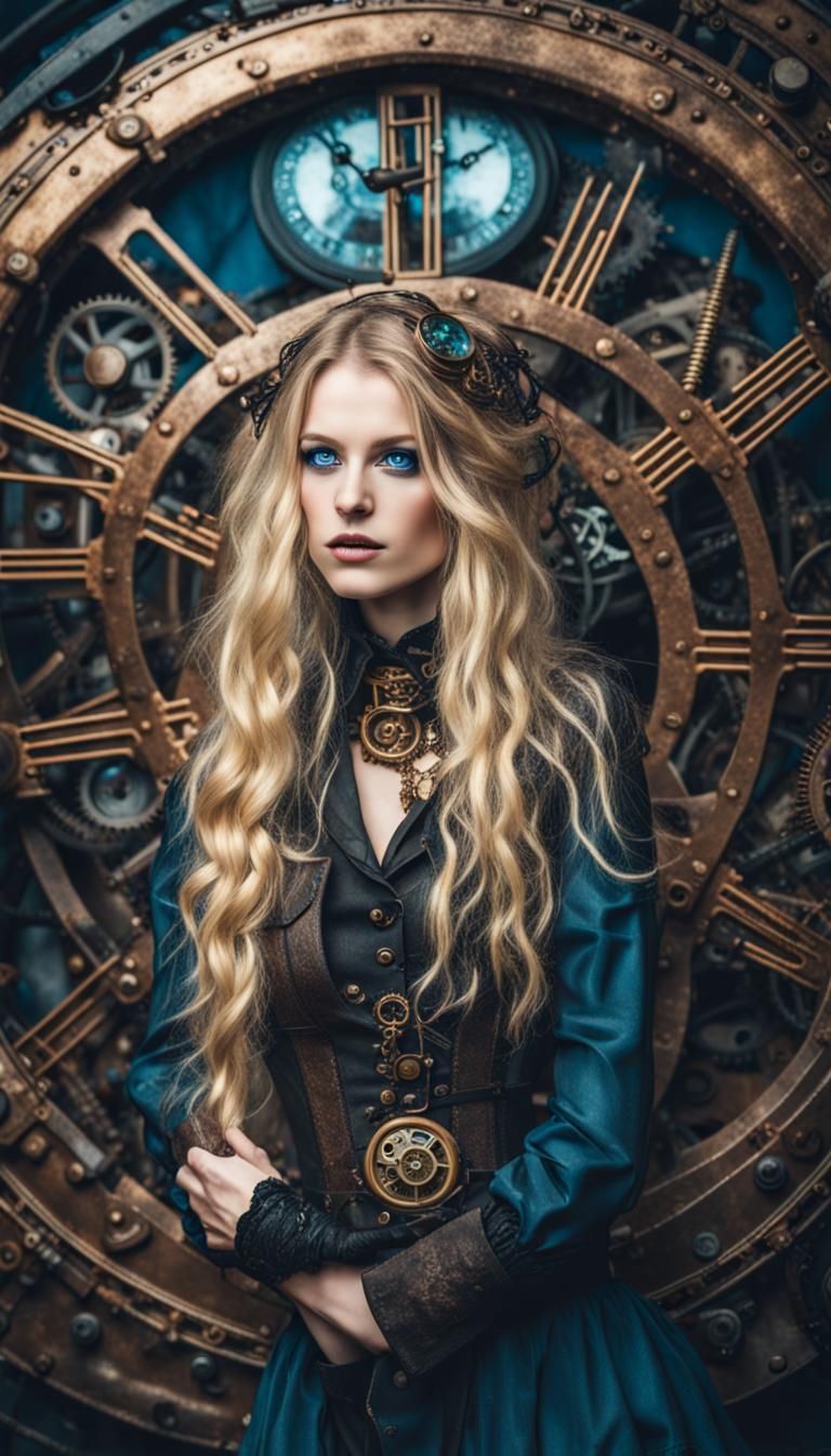 Enchanting Steampunk Girl on Cosmic Time Machine