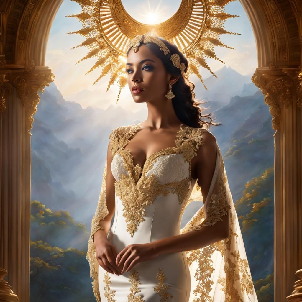 Woman with Gold Shawl and Halo, Surreal Digital Art