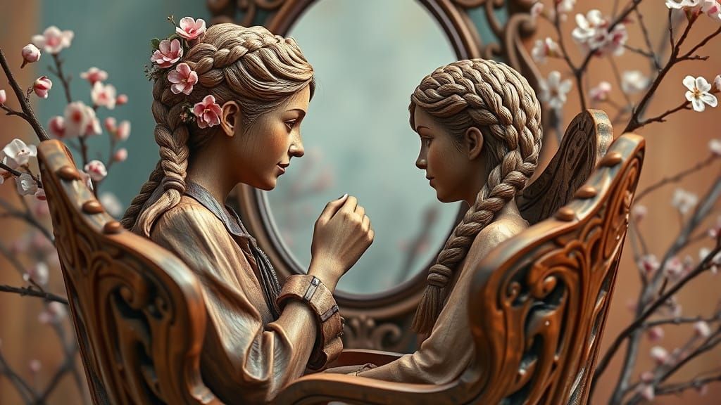 Wooden Statue: Mother Braiding Daughter's Hair