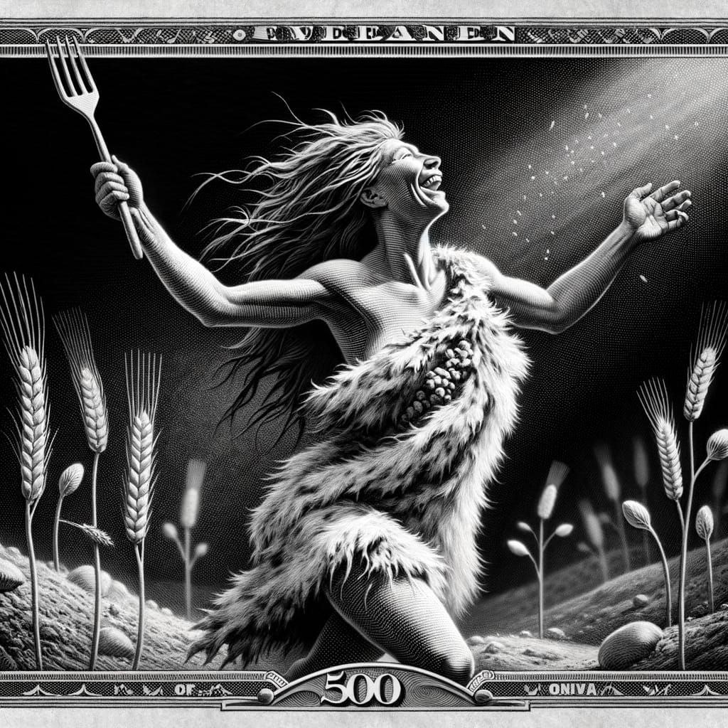 Cavewoman's Joyous Discovery: Banknote Engraving Style