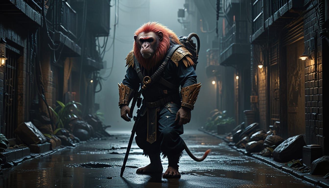 Uakari Warrior in Foggy Alleyway, Trending Artstation