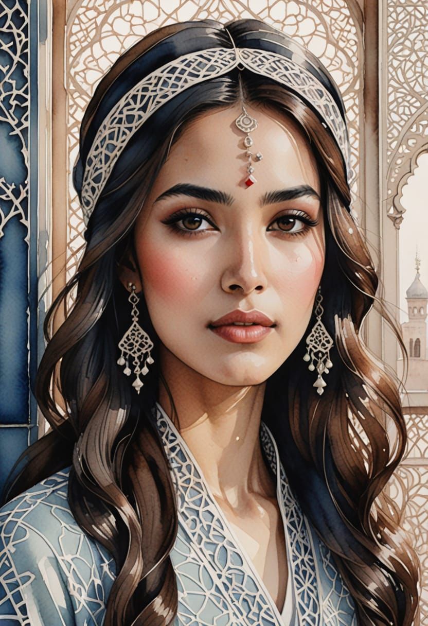 Elegant Arabic Woman Contemplates Middle Eastern Architectur...