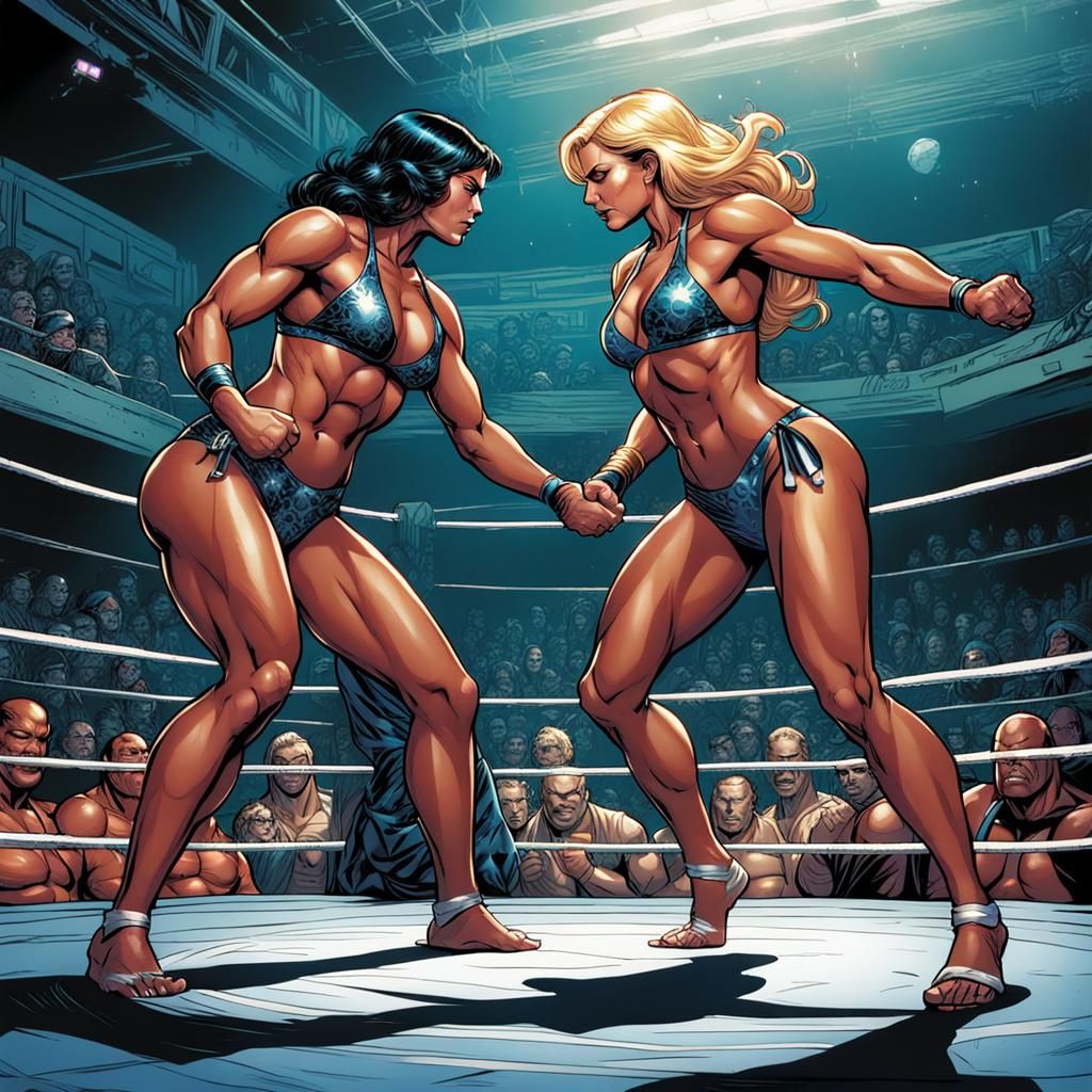 Queens Wrestling in Comic Book Art Style