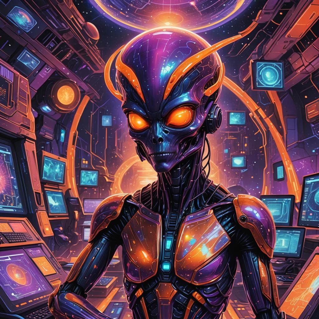 Futuristic Alien Invasion: Vibrant Mixed Media Illustration