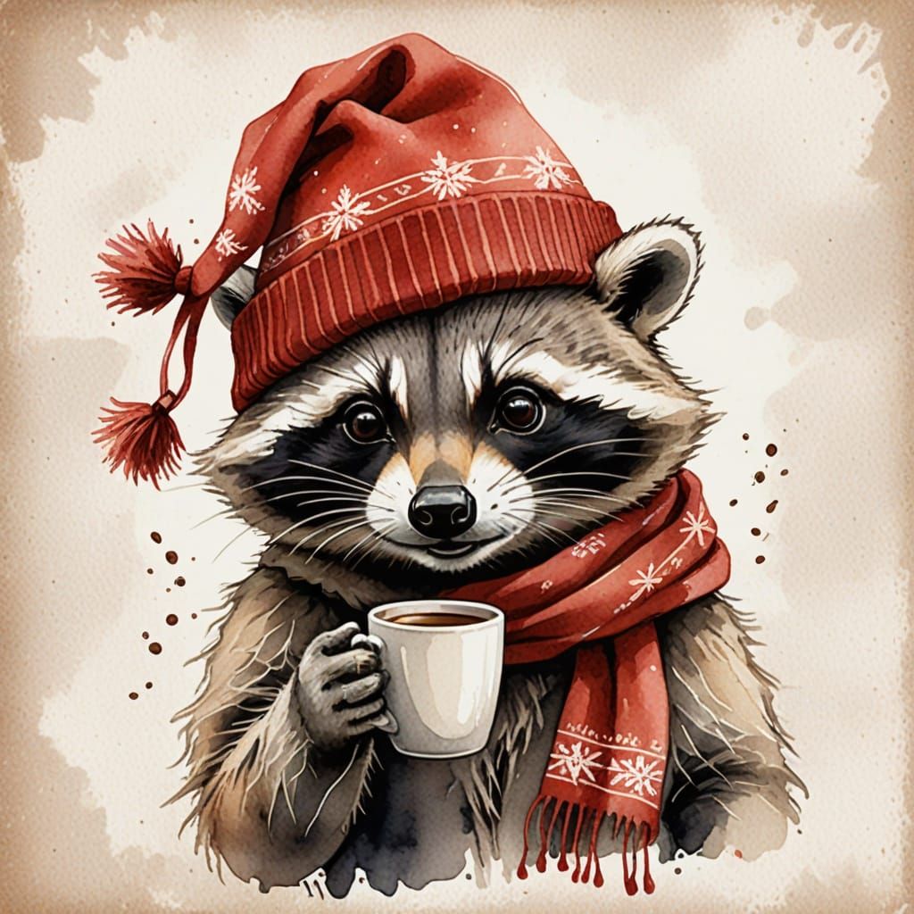 Happy Raccoon in Scarf with Coffee - Watercolor Art