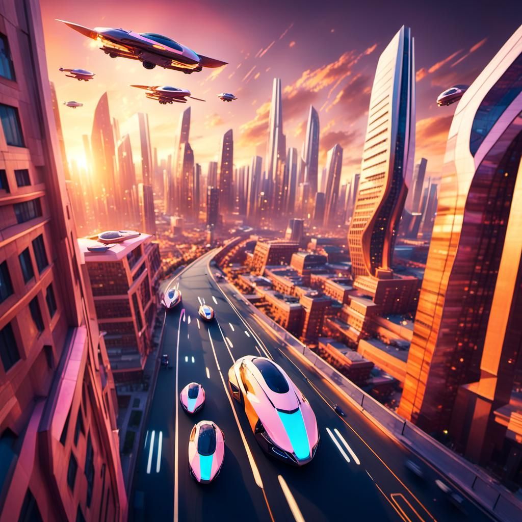 Futuristic Cityscape at Sunset with Flying Vehicles