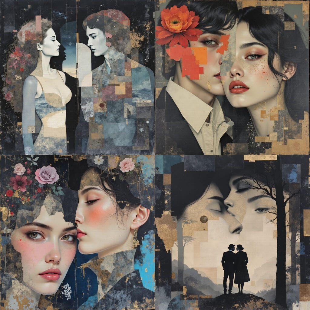 Dreamy Collage of Romantic Embrace in Soft Light