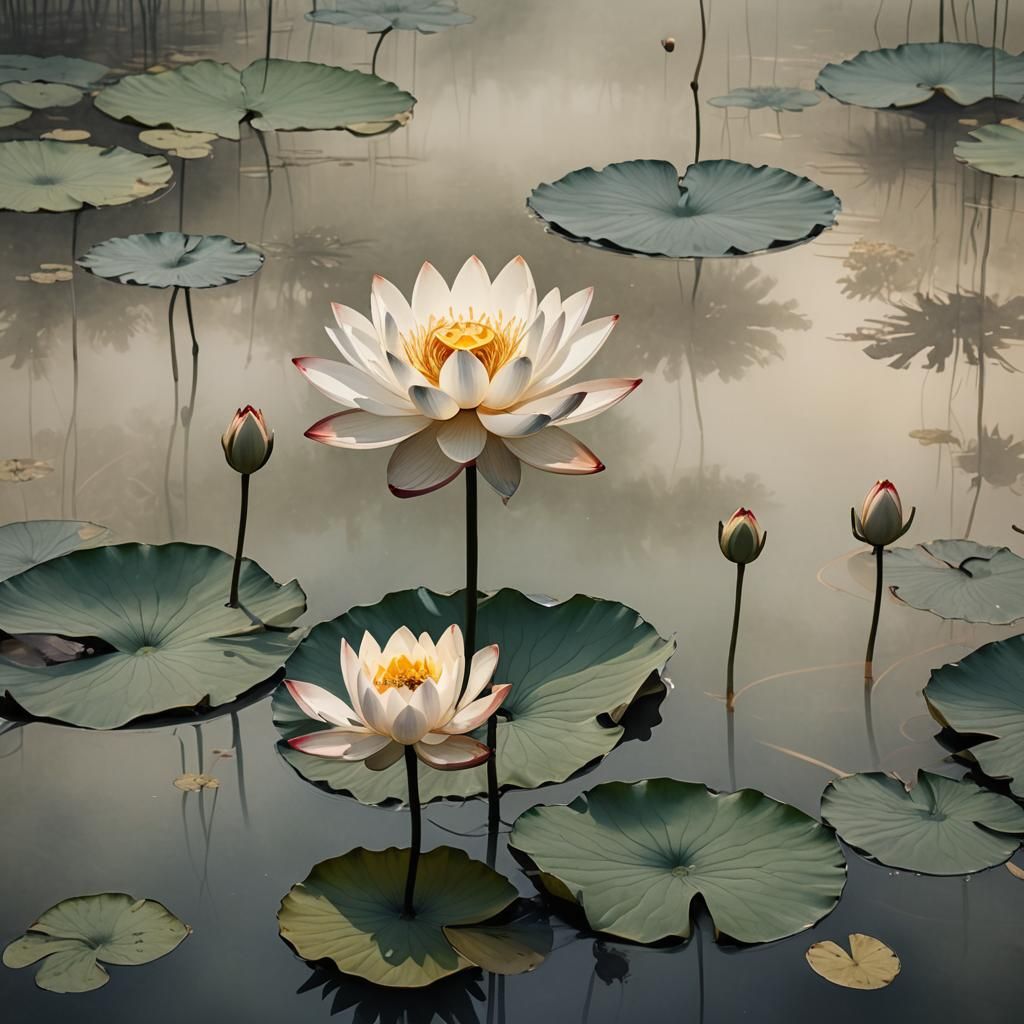 Delicate Lotus Flower in Chinese Ink Painting