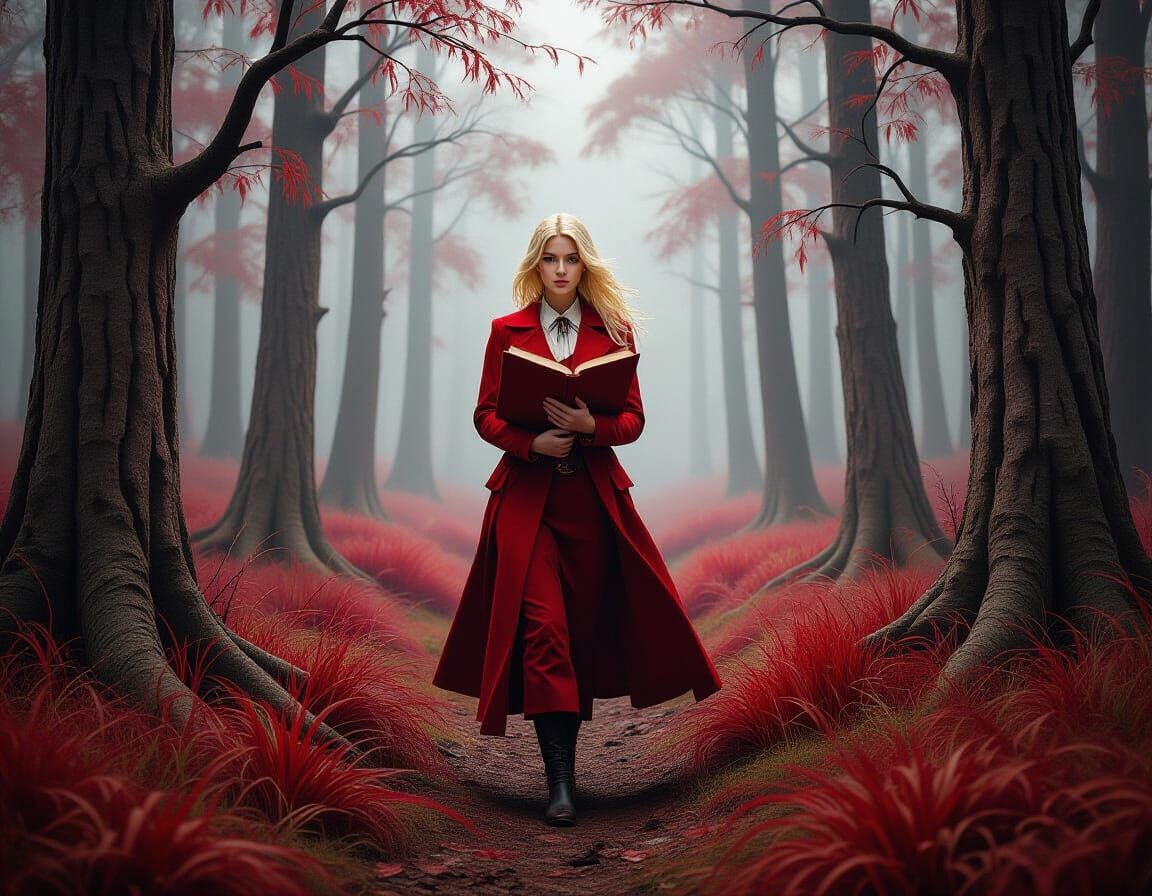 Mysterious Woman in Crimson Forest with Leather Book