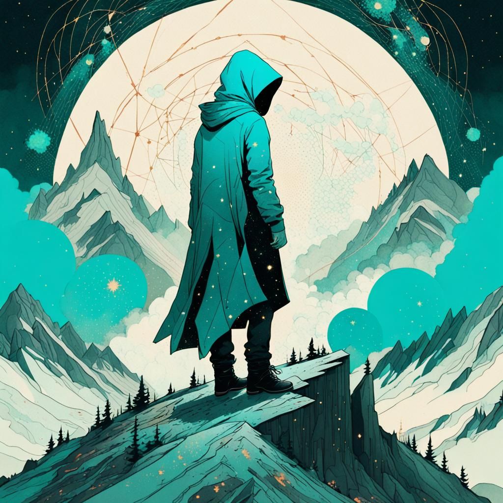 Hooded Figure on Mountain Ridge with Explosions