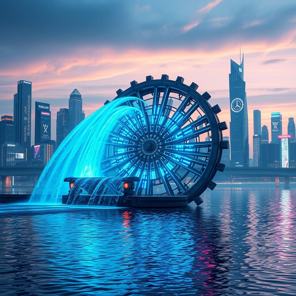 Sleek Futuristic Waterwheel Harnesses Energy in Neon-Lit Cit...