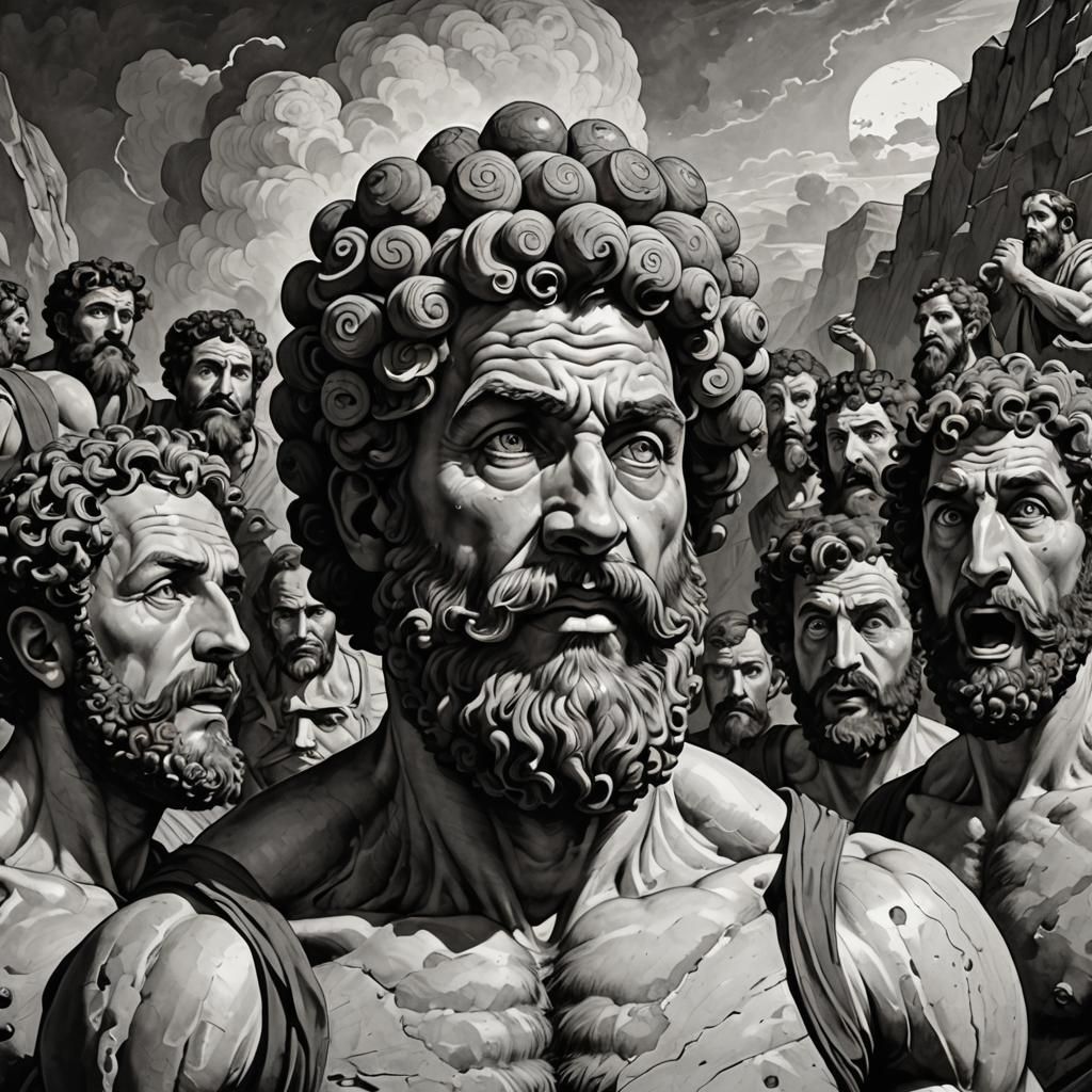 Sisyphus with a curly beard having a deciveful face withhis ...