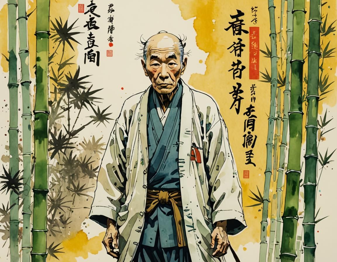 Japanese Man Glitching into Cyber Future, Watercolor Style