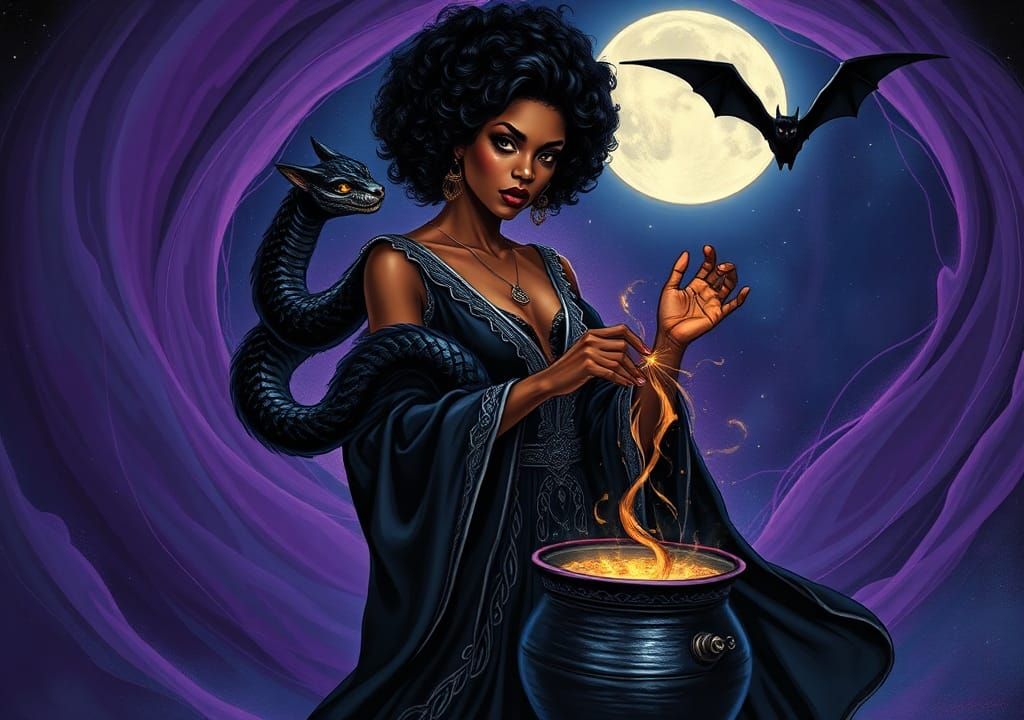 Mystical Woman with Snake-Cat in Dreamlike Vortex
