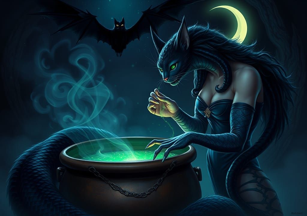 Witch and Snake-Cat Familiar Under Crescent Moon
