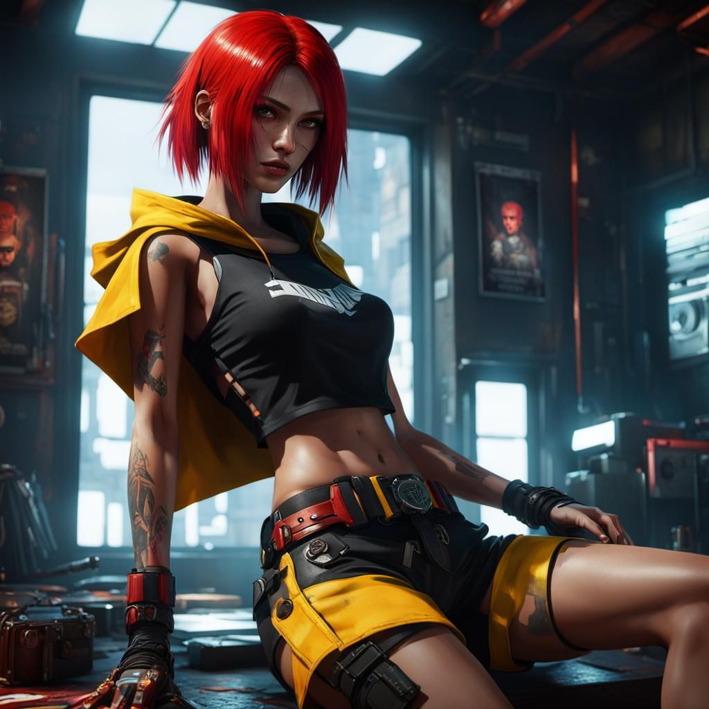 Young girl, Latina, tall, slim, bright sharp facial features, very pretty, bright eyes, red and yellow hair, short hoode...