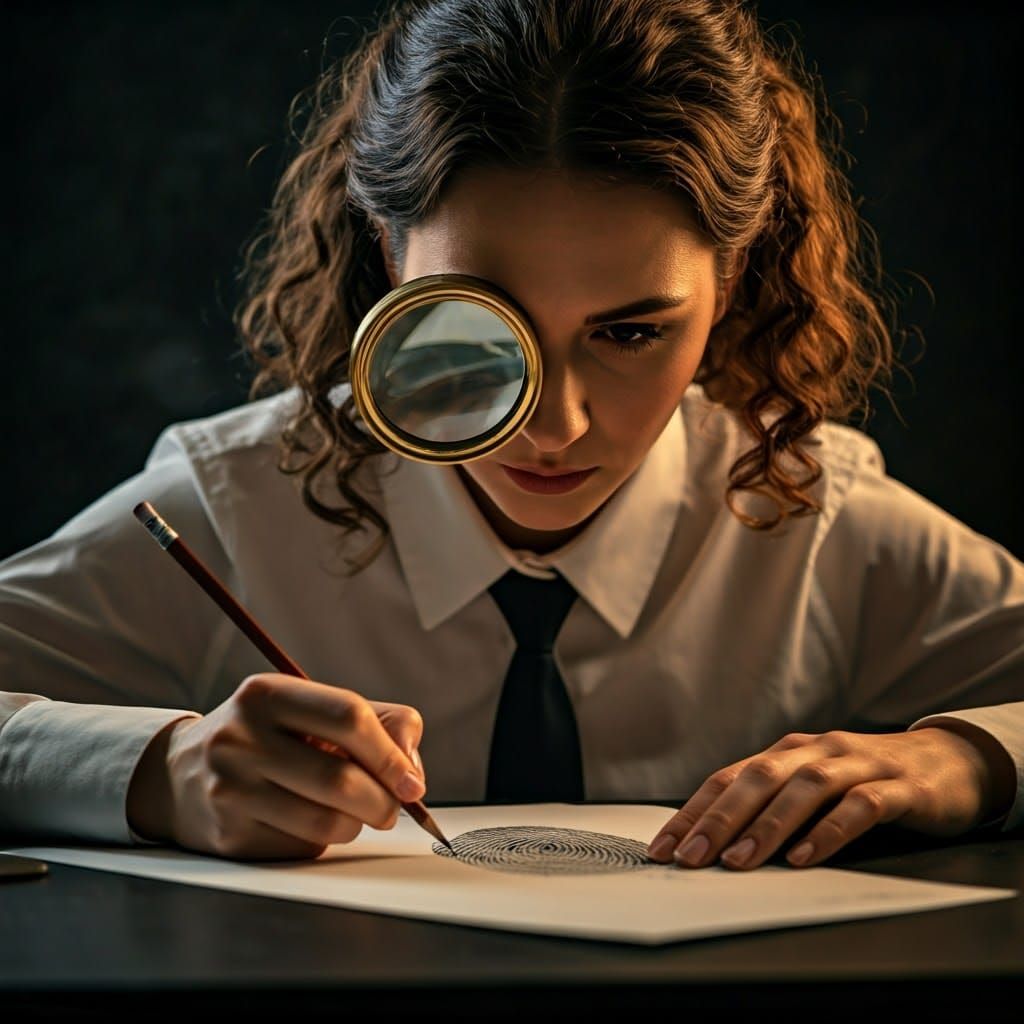 Intense Woman Draws Fingerprint with Magnifying Glass